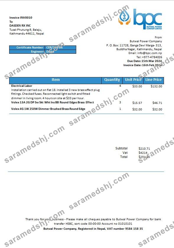 Nepal Butwal Power Company Limited electricity business utility bill template in Word and PDF formats